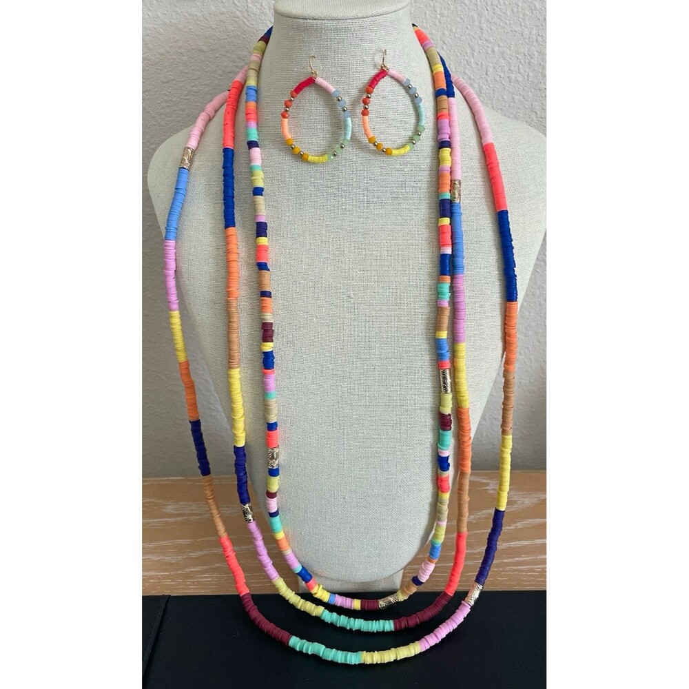 Three Multicolor Polymer Clay Stacked Disc Necklaces & Beaded Dangle Earrings